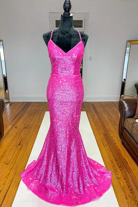 Anneprom Sparkle Hot Pink Sequin Mermaid Long Prom Formal Dress APP0597