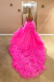 Anneprom Strapless Hot Pink Tulle High Low Ball Gown Simple Prom Dress APP0599