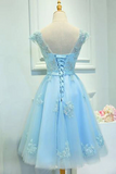 Anneprom Light Blue Capped Sleeve Short Prom Dress, Mid Back Appliques Homecoming Dress APH0142