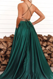 Anneprom Chic A line Spaghetti Straps Dark Green Scoop Prom Dress Satin Evening Split Dress APP0608