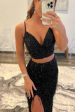 Anneprom Two Piece Black Sequin Mermaid Tassle Long Prom Gown Evening Dress APP0609