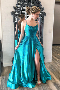 Anneprom Halter Satin Slit Prom Dresses with Sequins Long Prom Gown Evening Dress APP0610