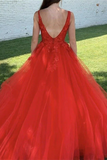 Anneprom Chic A line Red V neck Beaded Prom Dress Tulle Applique Long Evening Formal Dress APP0612