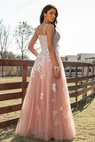 Anneprom Chic A line Spaghetti Straps V neck Tulle Long Lace Prom Dress Applique Evening Dress APP0613