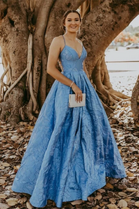 Anneprom Vintage Ball Gown V Neck Straps Blue Prom Dresses with Pockets APP0614
