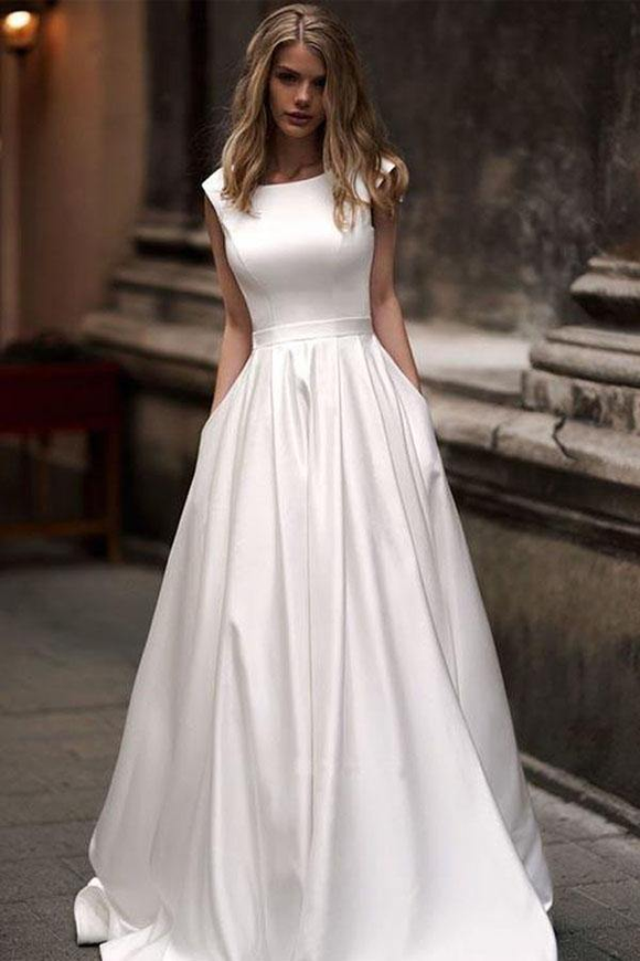 Anneprom Vintage A line Princess Ivory Satin Long Wedding Dresses with Pockets APW0394