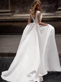 Anneprom Vintage A line Princess Ivory Satin Long Wedding Dresses with Pockets APW0394