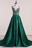 Anneprom Beautiful A line Prom Dresses Long Spaghetti Straps Dark Green Prom Dress Evening Dresses APP0615