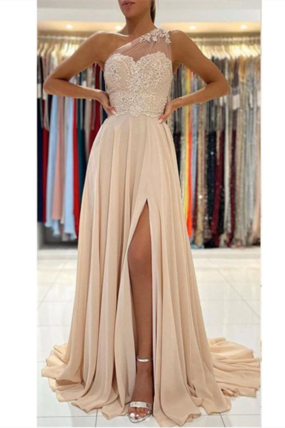 Anneprom Chic A line One Shoulder Long Prom Dress Lace Evening Dress With Split APP0618