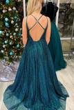 Anneprom Glitter A Line Teal Long Prom Dress with Spaghetti Straps APP0619