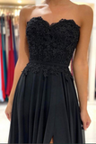 Anneprom Black Chiffon Lace A line Sweetheart Prom Dresses, Long Formal Dress APP0620