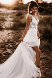 Anneprom Elegant White Backless A line Unlined Lace Bodice V neck Wedding Dress APW0395
