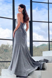 Anneprom Sheath Column Sparkly Spaghetti Straps Silver Grey Prom Dress Evening Dress With Split APP0624