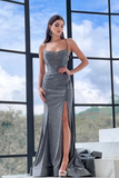 Anneprom Sheath Column Sparkly Spaghetti Straps Silver Grey Prom Dress Evening Dress With Split APP0624