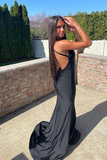 Anneprom Trumpet Mermaid V neck Black Long Simple Prom Dress Satin Evening Dress APP0625