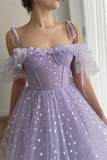Anneprom A line Off the shoulder Tea Length Prom Dress Applique Homecoming Dress APP0626