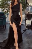Anneprom Cheap A line Black One Shoulder Long Prom Dress Evening Dress With Split APP0628