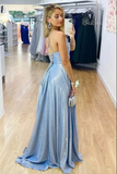 Anneprom Sparkly Light Blue A line V neck Prom Dresses With Side Slit, Evening Gown APP0629