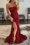 Anneprom Burgundy Strapless Mermaid Sequined Long Prom Dress with Slit, Formal Evening Gown APP0633
