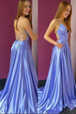 Anneprom Simple Satin Lilac A Line V neck Spaghetti Straps Prom Dress with Pockets APP0635