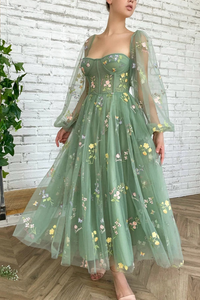 Anneprom Light Green Embroidered Tulle Dress Evening Dress Puffy Long Sleeve Prom Dress APP0637
