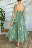 Anneprom Light Green Embroidered Tulle Dress Evening Dress Puffy Long Sleeve Prom Dress APP0637
