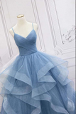 Anneprom Shiny Blue Tulle A line Spaghetti Straps Long Prom Dresses, Evening Gown APP0638