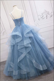 Anneprom Shiny Blue Tulle A line Spaghetti Straps Long Prom Dresses, Evening Gown APP0638