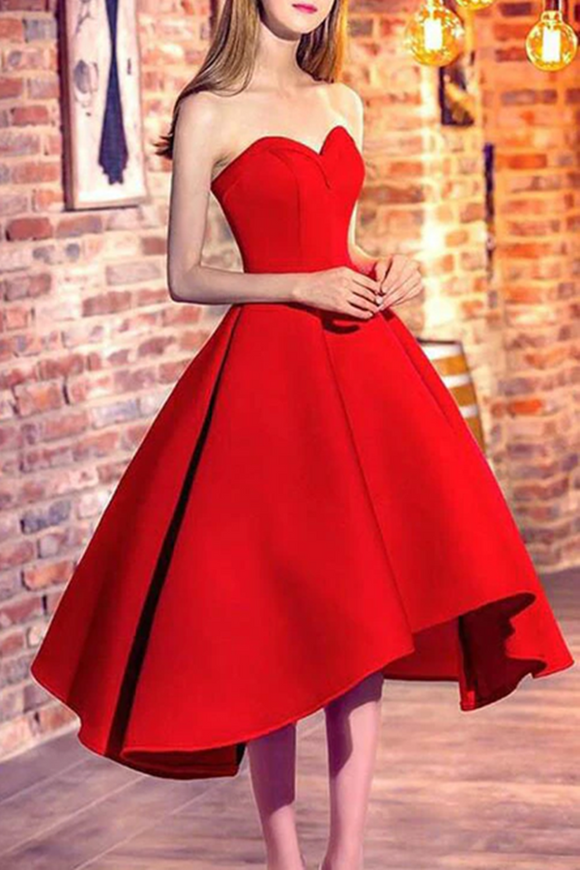 Anneprom Chic A line Sweetheart Red Pretty Satin Prom Dress High Low Evening Party Dress APH0143