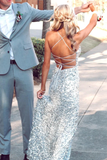 Anneprom Silver Sequin Spaghetti Straps Mermaid Long Prom Dresses, Backless Evening Gown APP0641