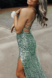 Anneprom Silver Sequin Spaghetti Straps Mermaid Long Prom Dresses, Backless Evening Gown APP0641