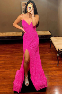 Anneprom Straps Hot Pink Sequins Mermaid Long Prom Dress Evening Party Dresses APP0642