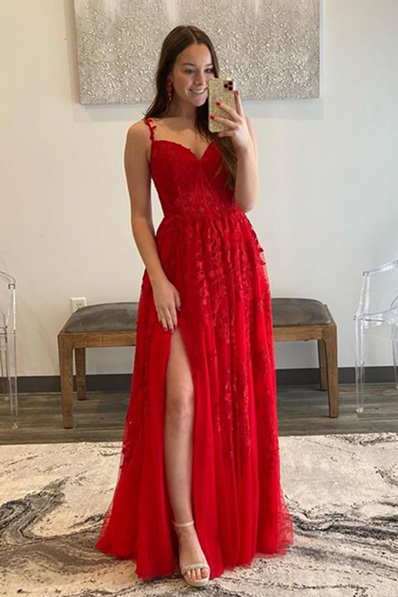 Anneprom A Line V Neck Red Lace Long Prom Dresses, Red Lace Long Formal Graduation Dresses APP0643