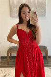 Anneprom A Line V Neck Red Lace Long Prom Dresses, Red Lace Long Formal Graduation Dresses APP0643