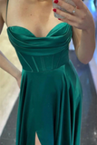 Anneprom Elegant Green Satin Long Prom Dress with High Slit Formal Graduation Evening Dress APP0646