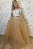 Anneprom Two Piece Lace Tulle Prom Dresses With Beaded, Off the Shoulder Evening Gown APP0647