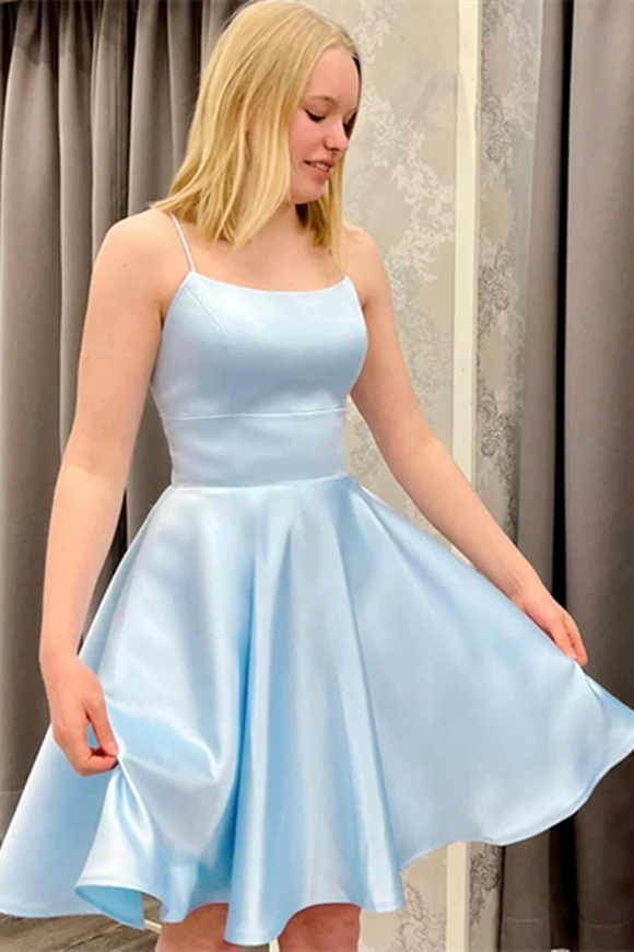Anneprom Short Backless Sky Blue Satin Prom Dresses, Light Blue Open B Anneprom Short Backless Sky Blue Satin Prom Dresses, Light Blue Open B
