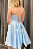 Anneprom Short Backless Sky Blue Satin Prom Dresses, Light Blue Open Back Satin Formal Graduation Dresses APP0650