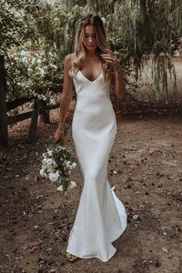 Anneprom Simple Spaghetti Straps Mermaid Beach Wedding Dress, Elegant Bridal Dress APW0396
