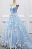 Anneprom Chic A line V neck Light Sky Blue Tulle Applique Modest Prom Dress Evening Dress APP0651