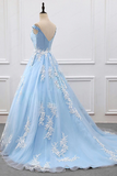 Anneprom Chic A line V neck Light Sky Blue Tulle Applique Modest Prom Dress Evening Dress APP0651