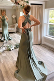 Anneprom Gray Green Satin Mermaid Bridesmaid Dresses With Sweep Train APB0120