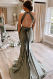 Anneprom Gray Green Satin Mermaid Bridesmaid Dresses With Sweep Train APB0120