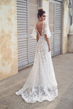 Anneprom Ivory V Neck Beach Wedding Dresses with Lace Appliques APW0397