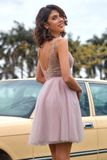 Anneprom V Neck Open Back Grey Sequin Short Prom Homcoming Dress APH0146
