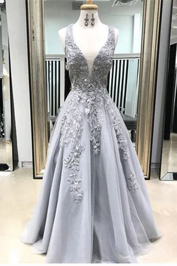Anneprom Chic A line Straps Lace Prom Dresses Silver Applique Long Prom Dress Evening Dress APP0653
