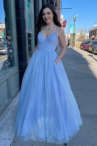 Anneprom Twinkly A Line Sky Blue Tulle Long Prom Dress, Party Gown for Sale APP0657