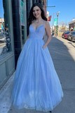 Anneprom Twinkly A Line Sky Blue Tulle Long Prom Dress, Party Gown for Sale APP0657