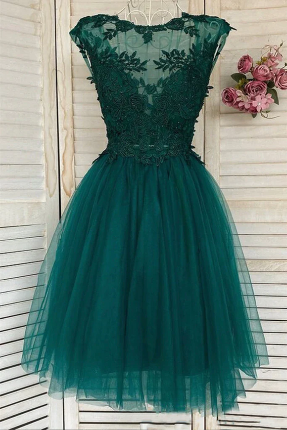 Anneprom Round Neck Green Lace Short Prom Homecoming Formal Graduation Evening Dress APH0147