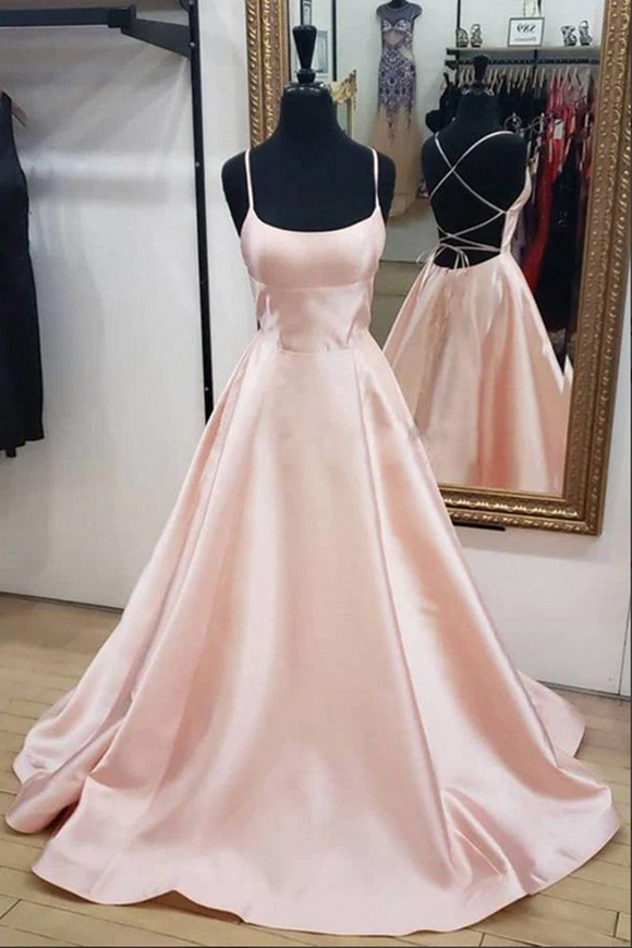 Anneprom Blush Pink Simple Satin A line Spaghetti Straps Cross Back Prom Dress with Pockets APP0658